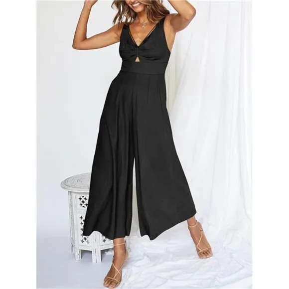 Women's Summer Wide Leg Linen Jumpsuit V Neck Sleeveless Casual Pants Romper